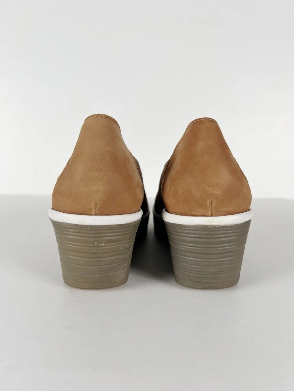 Fly London Yuca Tan Leather White Trim Wedge Slip-On Platform Size 10-10.5
